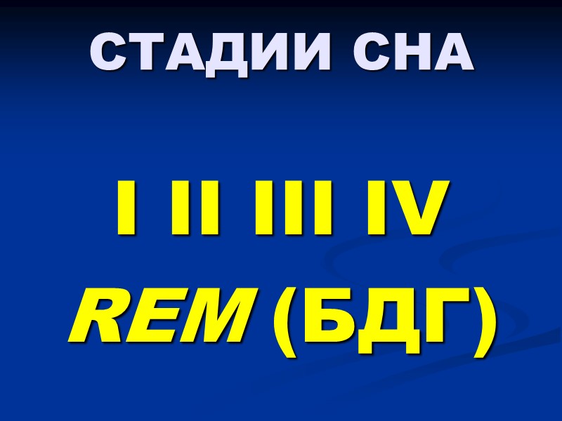 СТАДИИ СНА  I II III IV  REM (БДГ)